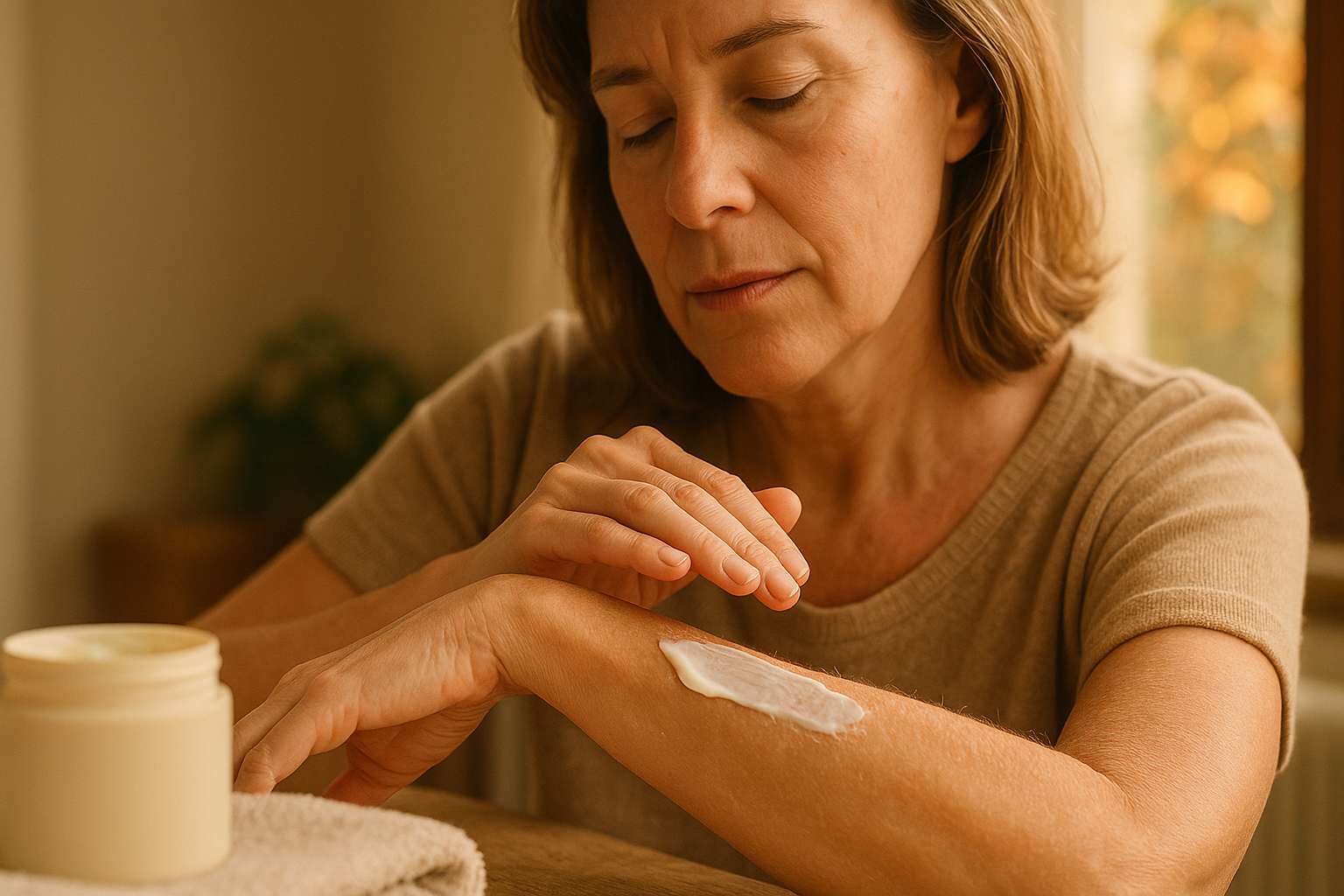 Adulto aplicando crema en piel seca en casa, luz cálida de otoño; cremas hidratantes piel seca y tarro sin marca desenfocado