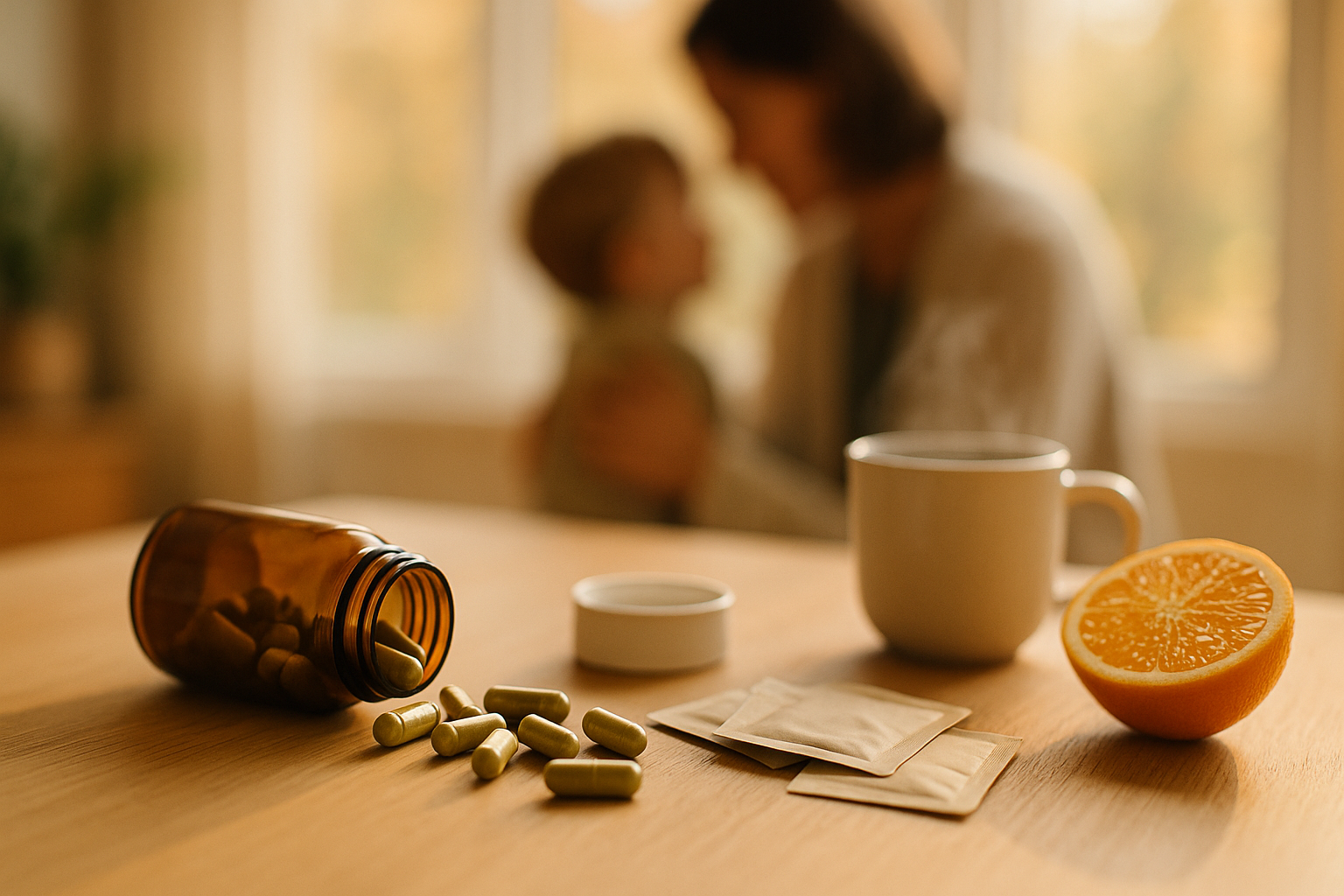 Suplementos para defensas en mesa de otoño con frasco abierto, cápsulas, té humeante y naranja; adulto y niño al fondo