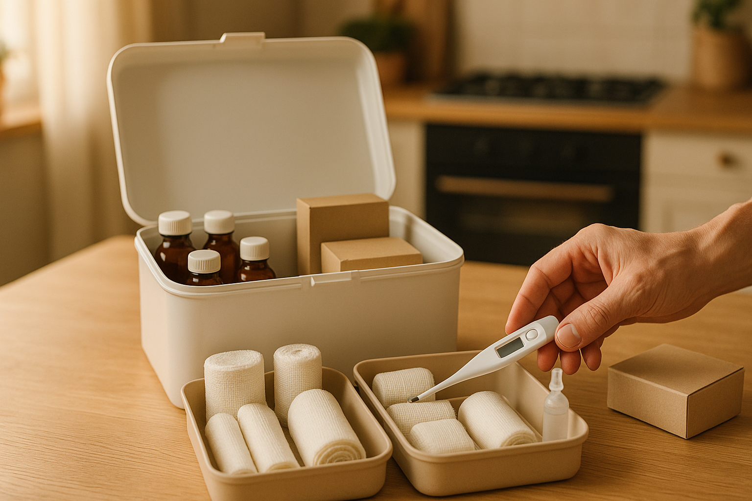 Botiquín familiar abierto y ordenado en mesa de cocina, con gasas, vendas y termómetro; una mano adulta lo toma con cuidado.