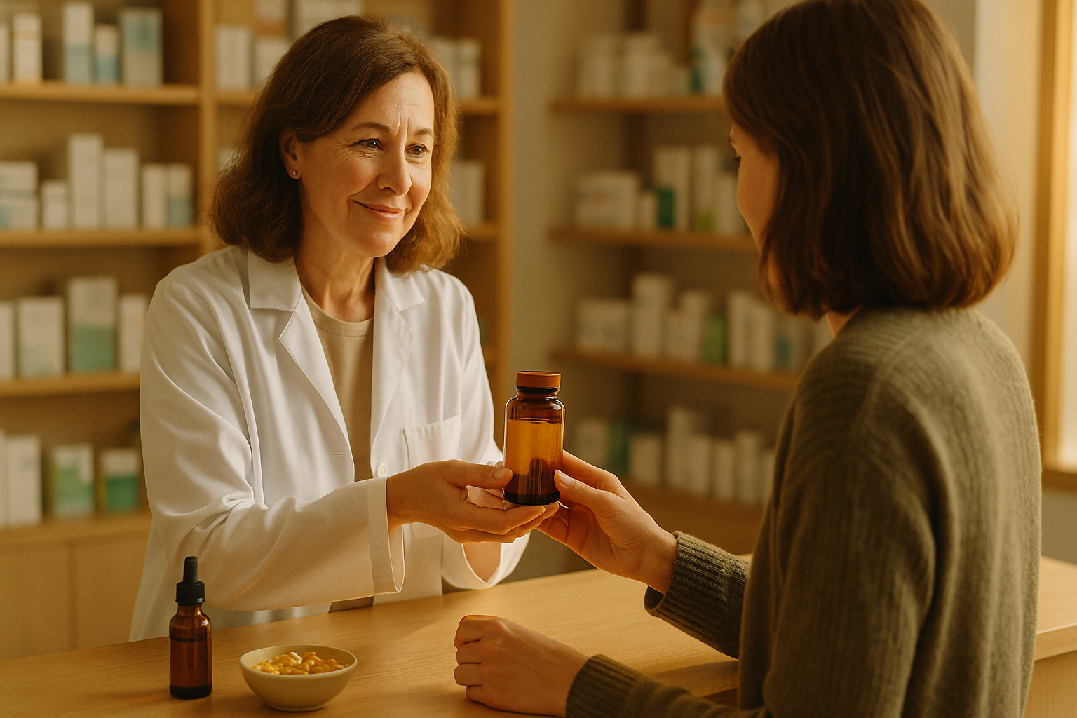 Farmacéutica entrega frasco a mujer en farmacia; asesoramiento sobre suplementos vitamina D en otoño, con cápsulas y gotero.
