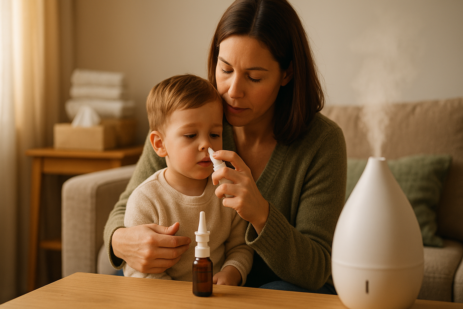 Madre aplica spray infantil a su hijo en salón acogedor; protección nasal con suero, spray adulto y humidificador en mesa