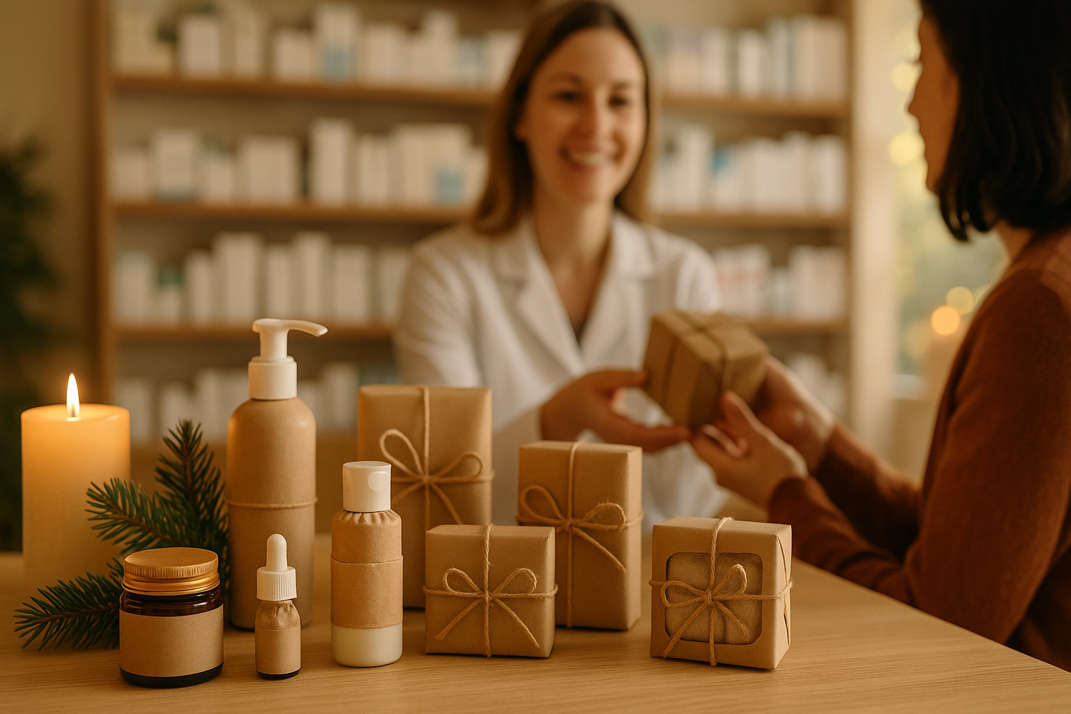 Mesa con regalos de farmacia en papel kraft, vitaminas y cremas, con farmacéutica asesorando a clienta con fondo navideño.