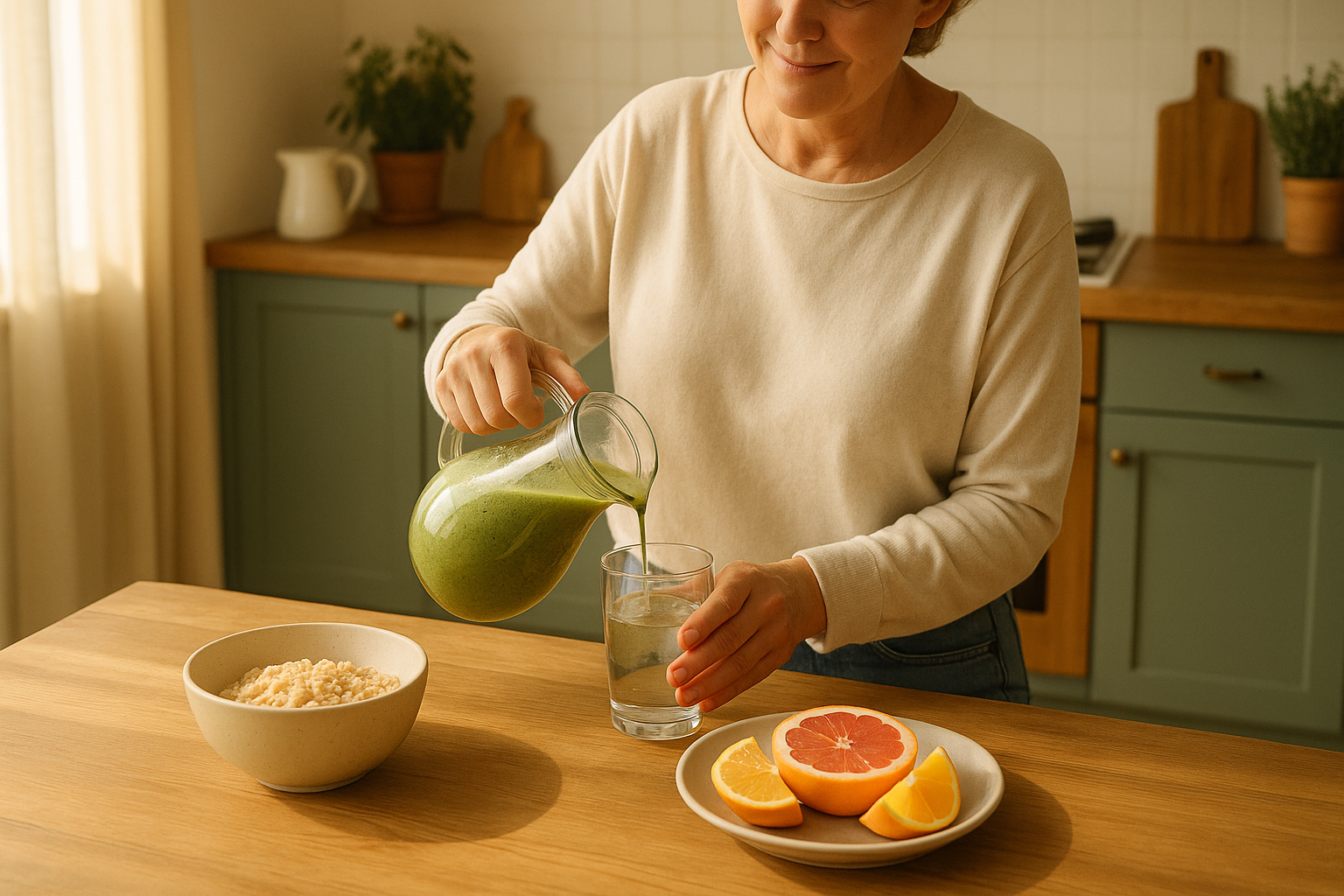 Recuperar bienestar en enero: cocina luminosa con avena, cítricos y bebida casera mientras un adulto sirve con calma.