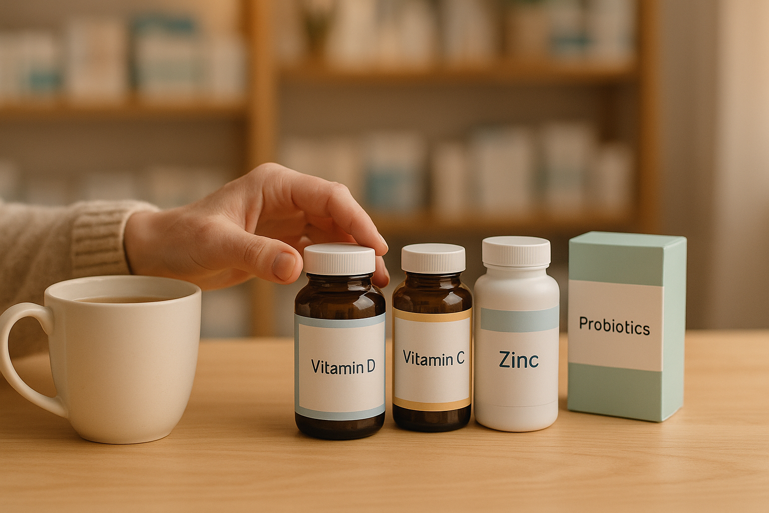Mesa de madera con té y frascos de vitamina D, C, zinc y probióticos; suplementos para defensas en ambiente invernal